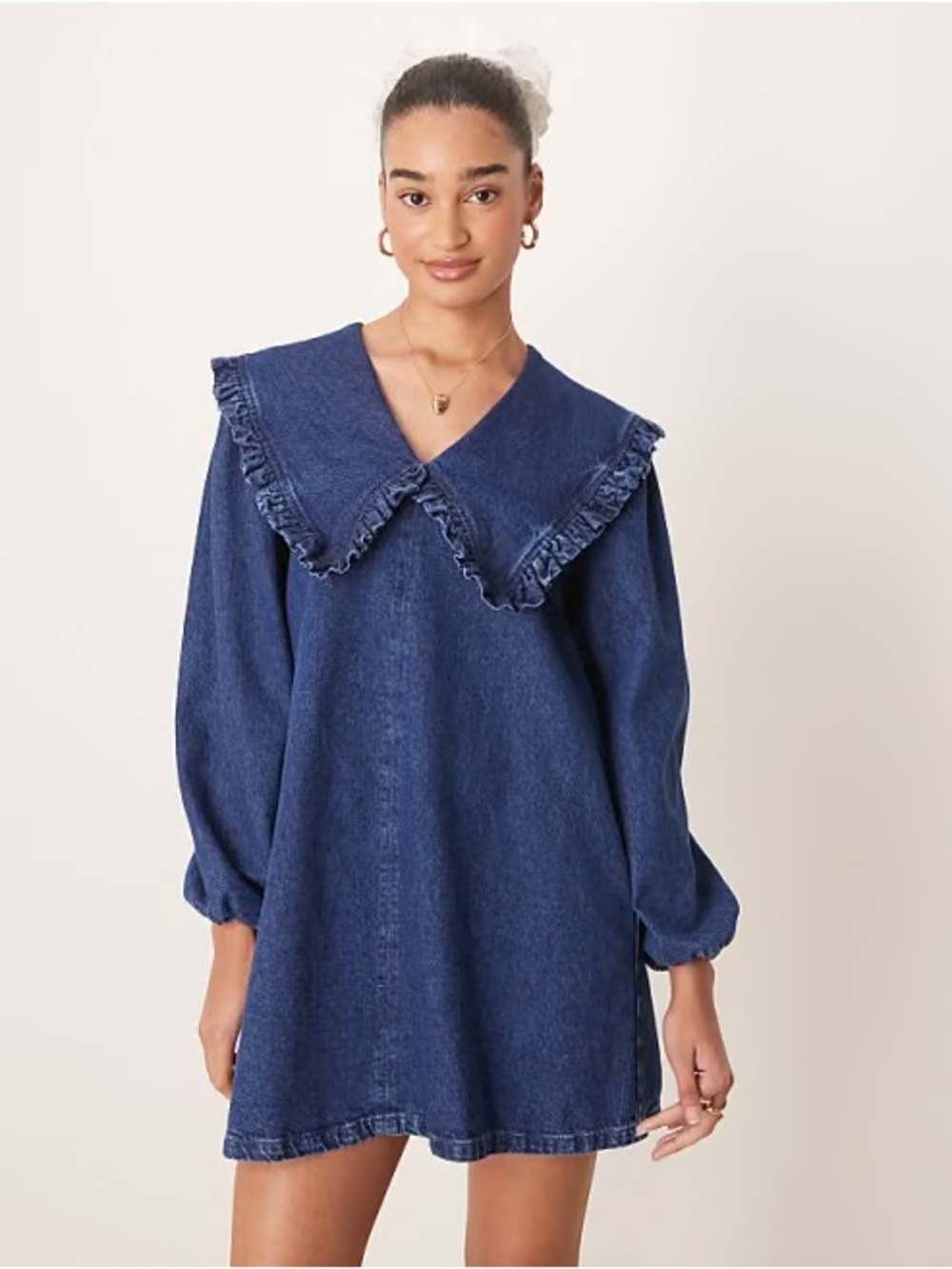 Klesis Denim Ruffle Peter Pan Collar Long Sleeve Mini Dress - L